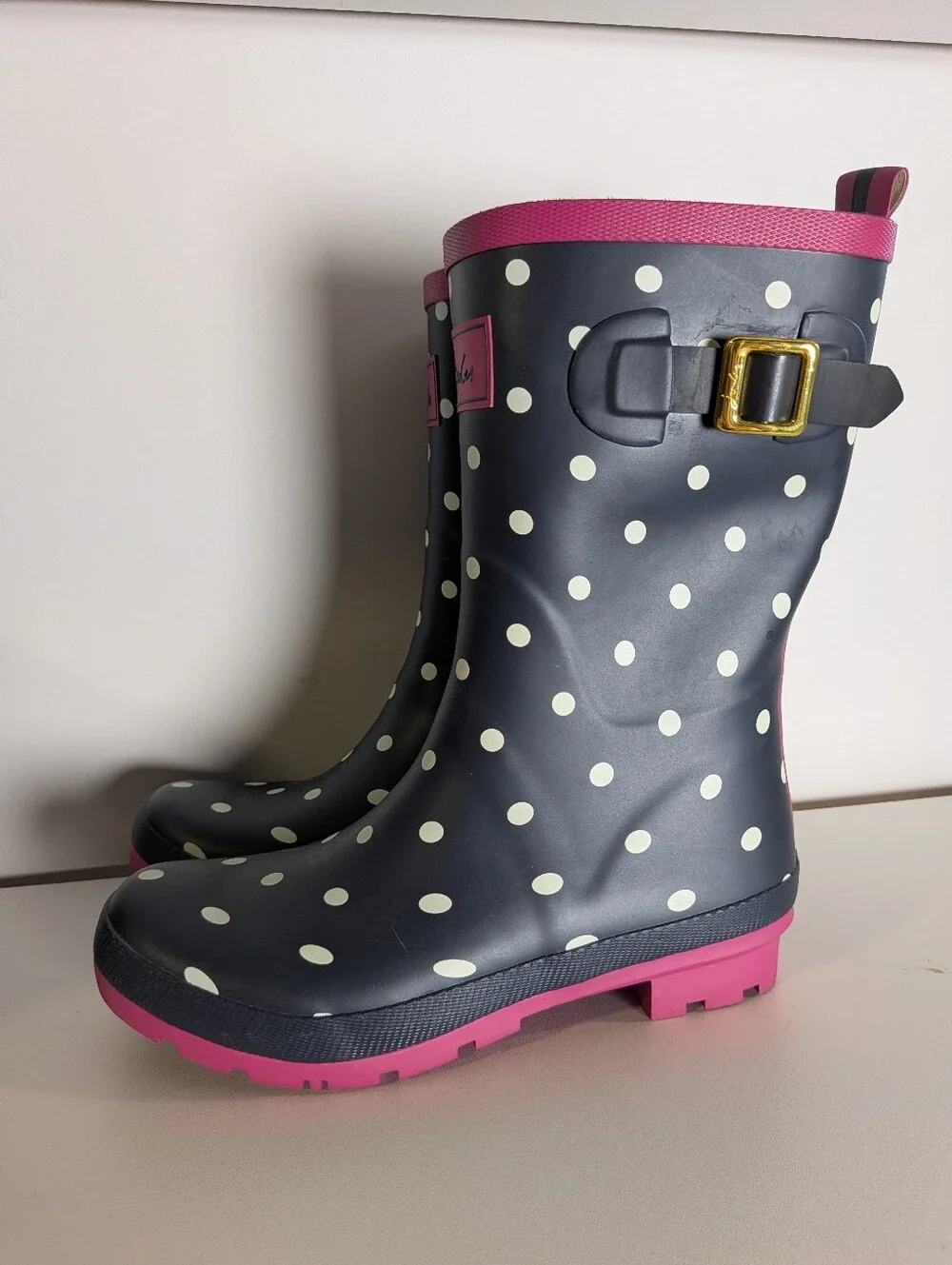 Joules Molly Welly Navy Polka Dot Pink Rain Boots Size US 8